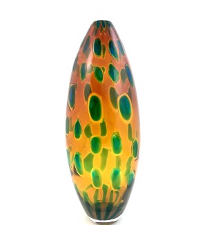 Handblown amber and yellow colored Glass Bullet shaped Vessel with green spot pattern.