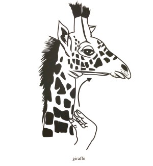 Black and white illustration of a giraffe with the American hand sign for giraffe incorporated into it.