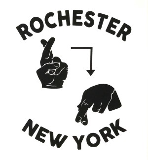 Black and white illustration of the American hand sign for Rochester New York as well as the written words Rochester New York.