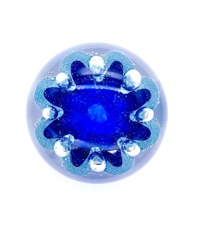 Handblown Glass orb with bubbly blue organic shape inside.
