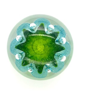 Handblown clear Glass orb with bubbly lime and blue organic shape inside.