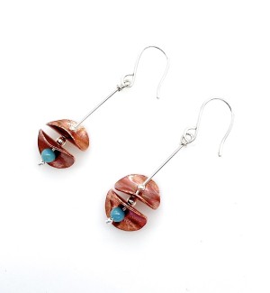 Sterling silver drop Earrings 'with copper discs and a turquoise colored glass bead.