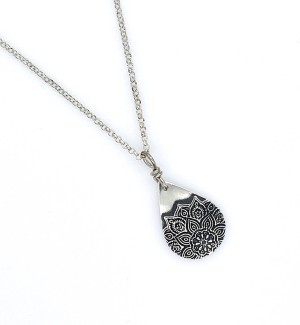 Sterling Silver tear drop shaped Pendant with a mandala pattern on it.