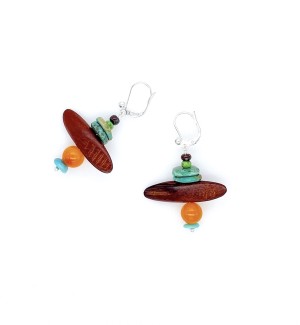 dangling Earrings made of an assortment of round and flat beads of various colors.