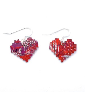 Red blocky heart earrings made from cut circuit board.