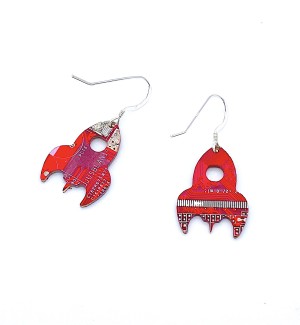 Red rocket earrings made from cut circuit board.