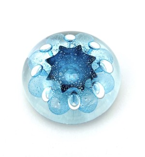 Handblown clear Glass orb with bubbly teal and blue organic shape inside.
