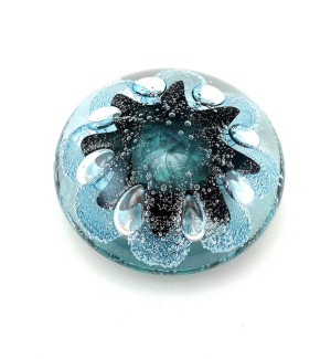 Handblown clear Glass orb with bubbly jade organic shape inside.