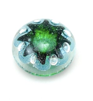 Handblown clear Glass orb with bubbly green and blue organic shape inside.