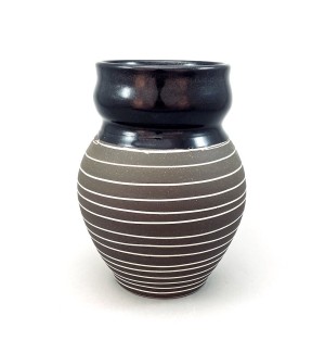 A brown ceramic vase with a black lip and white stripes.