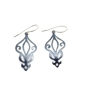 A pair of blackened earrings in a symmetrical geometric pattern.
