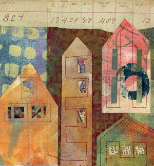 Mixed Media Collage of abstracted houses with sewn and monoprinting methods.