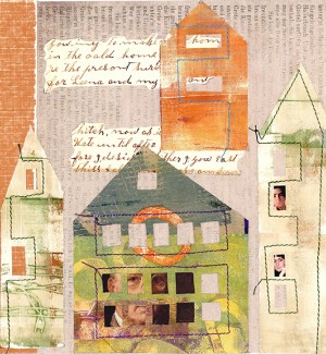 Mixed Media Collage of abstracted buildings with sewn, written, photographic, and printed methods.