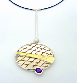 dropped silver pendant with gold crisscrossing pattern as well as a set in Amethyst, Diamonds, and a Pearl on a black cord.