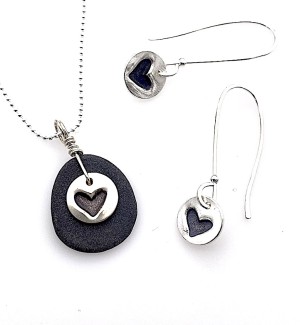 Sterling Silver and stone Pendant and silver Earring Set with a Heart stamped into the metal.