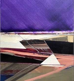 Abstract Landscape painting with angular forms in a neutral leaning color palette with splashes of pink and purple. 