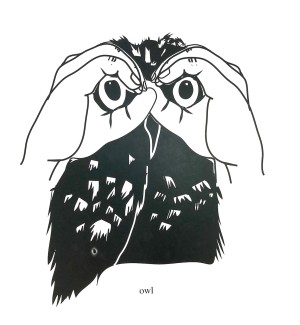 Black and white illustration of an owl with the American hand sign for owl incorporated into it.