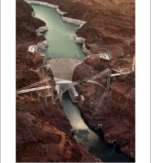 poster of an aerial view of the Hoover Dam and the bridge next to it with the text 'the bridge at hoover dam' underneath. 