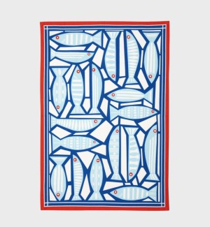 Tea towel with a white background and blue fish arranged in a geometric pattern, there is a red frame around the edges.