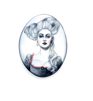 hand painted Ceramic Brooch featuring a Rococo Woman with red details.