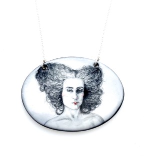 hand painted Ceramic Necklace featuring the bust of a Rococo Man.