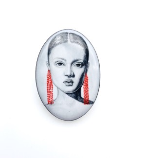 hand painted Ceramic Brooch featuring a Woman with Red Earrings.