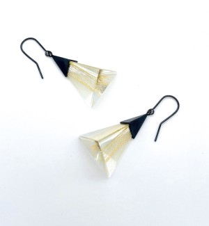 oxidized sterling silver dangle earrings with string suspended in a resin pyramid.