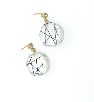 gold-filled metal dangle earrings with a cubic zirconia stone and gold and black filaments suspended in resin.