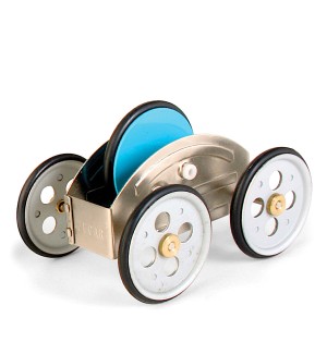 A small toy car with silver wheels and a blue gear at the center.