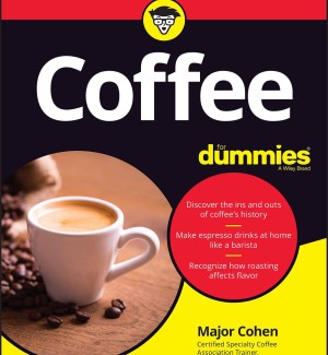 Coffee For Dummies book cover with red, yellow, and black graphics and a photograph of a cup of coffee with coffee beans.
