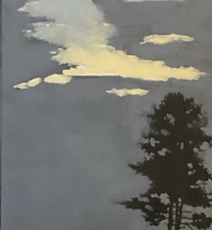 A tall painting of a barren tree with a long trunk in front of a cloudy sunset.