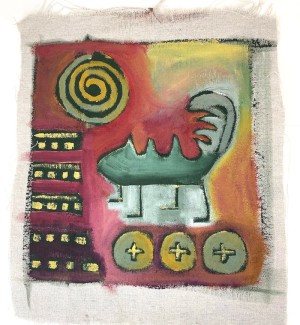 Painting on linen depicting abstract shapes and a nondescript cubist creature on gradated colors.