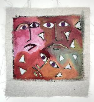 Painting on linen depicting abstract three faces and white triangles on gradated colors.