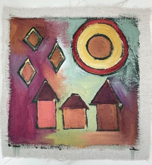 abstract representational Painting on linen depicting three houses, three diamonds, and a sun on gradated colors.