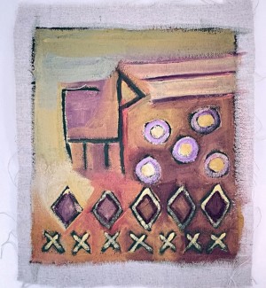 Painting on linen depicting abstract lines and shapes and a line drawing of a nondescript creature on gradated colors.