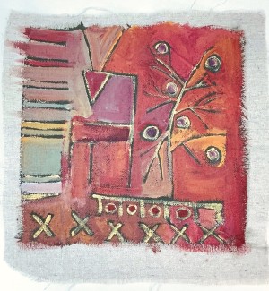 Painting on linen depicting abstract lines and shapes on gradated colors.