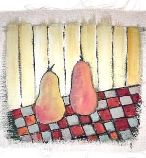 abstract representational Painting on linen depicting two pears in an abstract space featuring red and white checker board.