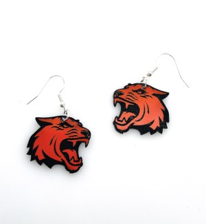 Laser cut acrylic dangle Earrings of the Rochester Institute of Technology Tiger logo.