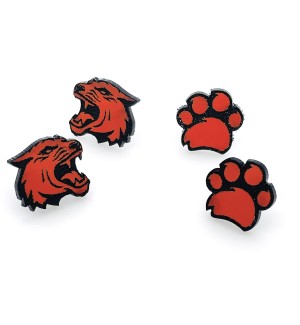 Laser cut acrylic Earring Set with a pair of Rochester Institute of Technology Tiger logo and a pair with the Paw Pride logo.