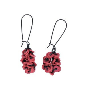 Black wire dangle Earrings with rubber Red Disc clusters.