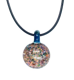 Glass round Pendant with multicolored floral-like pattern inside with a blue colored bail on a black cord.