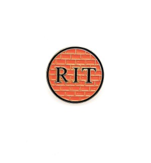 Round metal Enamel Lapel Pin with 'R I T' over an orange brick pattern.