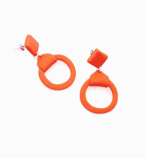 hand sculpted orange polymer clay dangle Earrings with hoop.
