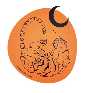 Print with a orange background featuring a tiger and moon.