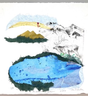 Drypoint etching monoprint with colorful collage elements depicting a caribou in an abstracted landscape.