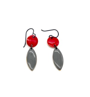 black wire dangle earrings with red enamel circle and gray enamel navette shape.