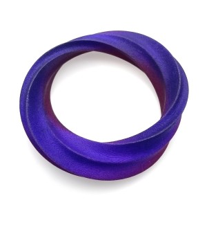 hand dyed two tone purple 3D Printed nylon Bracelet in the shape of a thick curved mobius strip. 