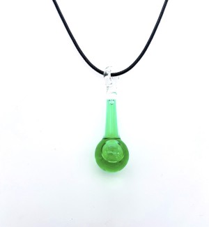 Clear glass sealed vial Pendant with green liquid inside on a black cord.