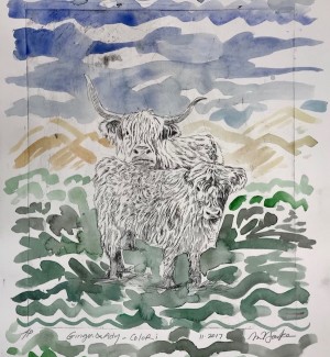 Drypoint etching monoprint with watercolor background depicting two cattle.