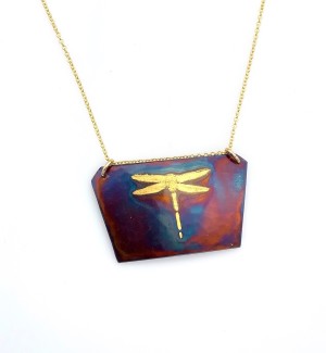 Copper trapezoid pendant with 23K dragonfly on a gold filled chain.